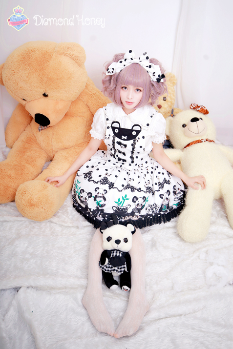 Breakfast Panda Sauce Lolita Cute Black and White Chinese Style Strap Skirt Dress