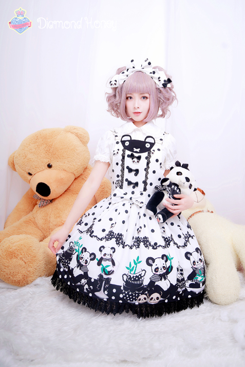 Breakfast Panda Sauce Lolita Cute Black and White Chinese Style Strap Skirt Dress