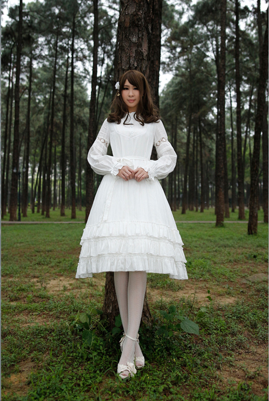 Dawn of the Aurora cotton jacquard fine pleated lace long - sleeved OP