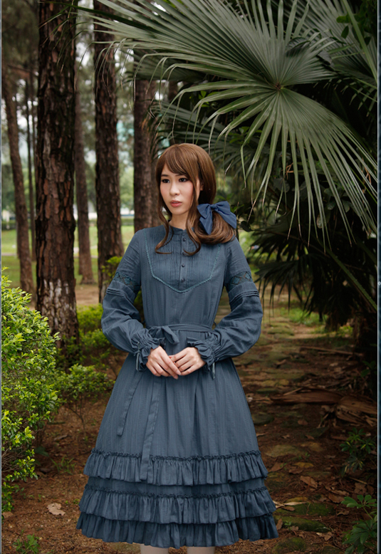 Dawn of the Aurora cotton jacquard fine pleated lace long - sleeved OP