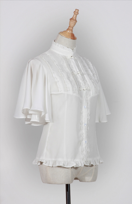 Fragrance Sparse Standing Collar Butterfly Sleeve Shirt White