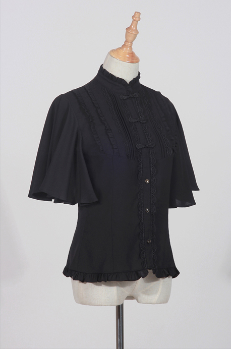 Fragrance Sparse Standing Collar Butterfly Sleeve Shirt Black