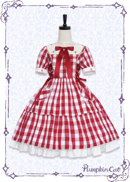 Pumpkin Cat Sweet Red White Gingham Lolita OP Dress