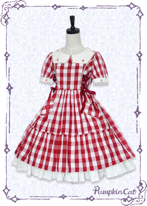 Pumpkin Cat Sweet Red White Gingham Lolita OP Dress