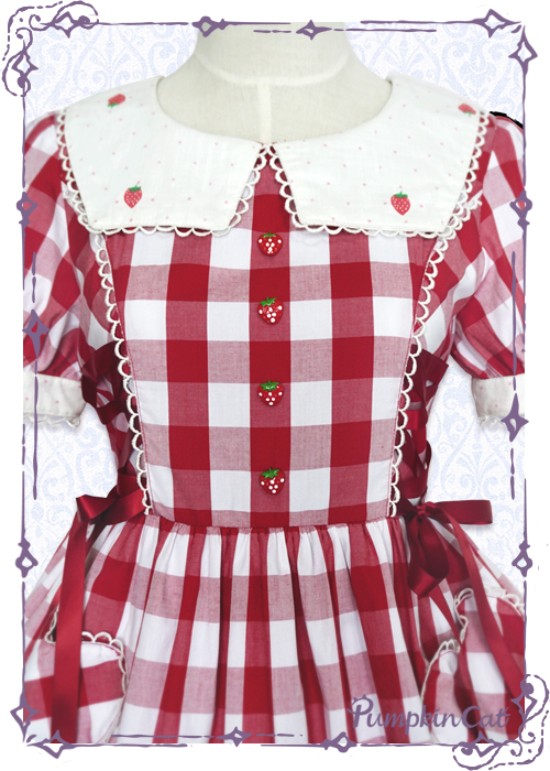 Pumpkin Cat Sweet Red White Gingham Lolita OP Dress