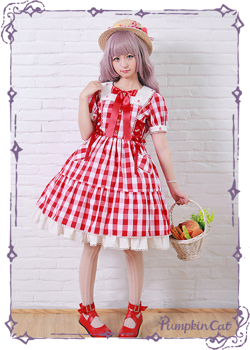 Pumpkin Cat Sweet Red White Gingham Lolita OP Dress