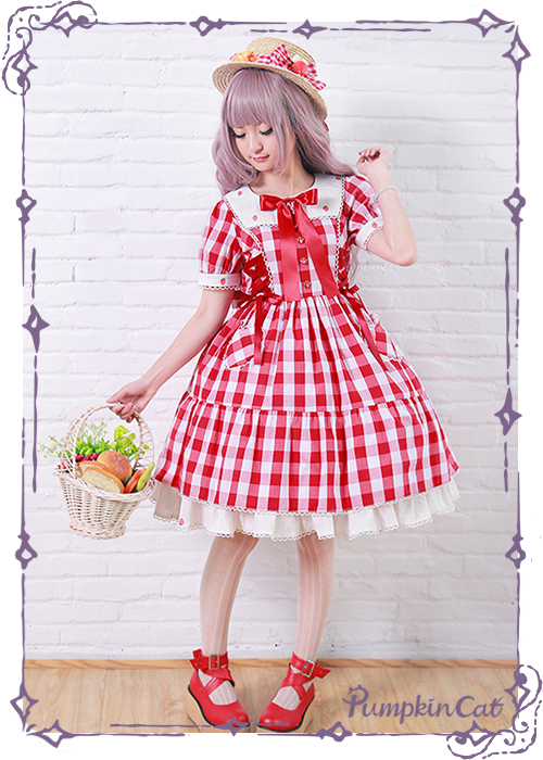 Pumpkin Cat Sweet Red White Gingham Lolita OP Dress