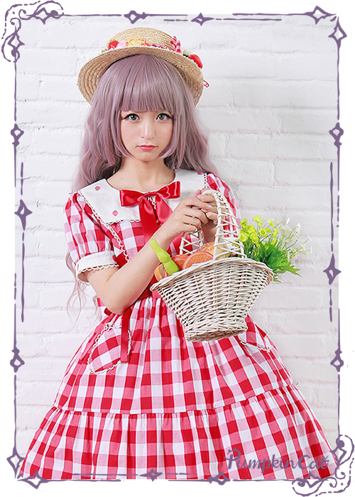 Pumpkin Cat Sweet Red White Gingham Lolita OP Dress