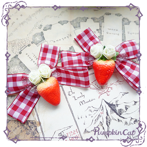 Pumpkin Cat Sweet Red White Gingham Lolita Hairclip