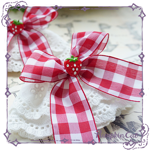 Pumpkin Cat Sweet Red White Gingham Lolita Hairclip