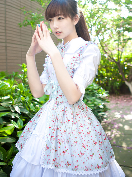 Pastoral Style Fake Two Pieces Floral Prints Short Sleeve Dress Sweet Lolita