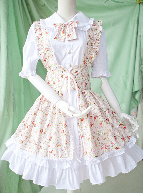 Pastoral Style Fake Two Pieces Floral Prints Short Sleeve Dress Sweet Lolita