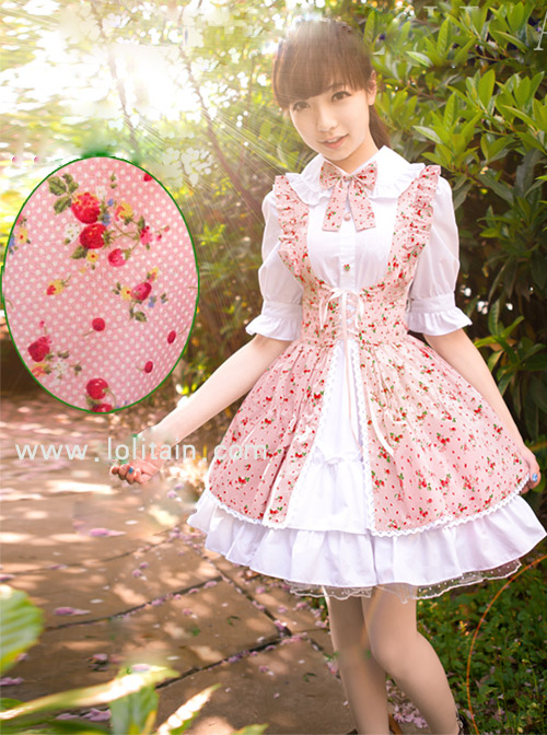 Pastoral Style Fake Two Pieces Floral Prints Short Sleeve Dress Sweet Lolita