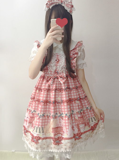 Plaid Strawberry Picnic Rabbit Series Sling Dress Sweet Lolita