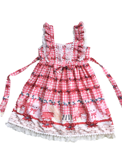 Plaid Strawberry Picnic Rabbit Series Sling Dress Sweet Lolita
