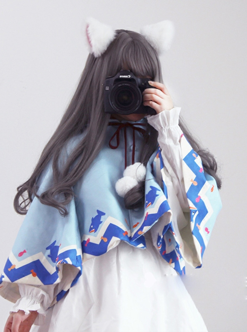 Lovely Shark Series White Long Sleeves Dress With Thickened Shark Shawl Sweet Lolita