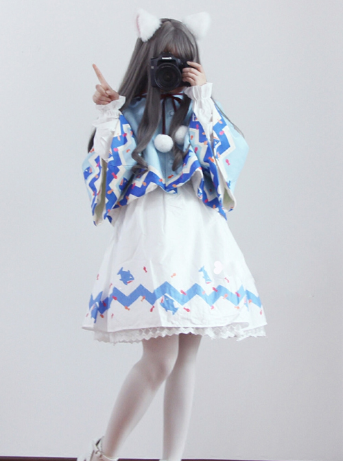 Lovely Shark Series White Long Sleeves Dress With Thickened Shark Shawl Sweet Lolita