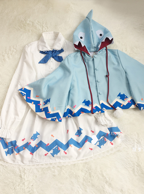 Lovely Shark Series White Long Sleeves Dress With Thickened Shark Shawl Sweet Lolita