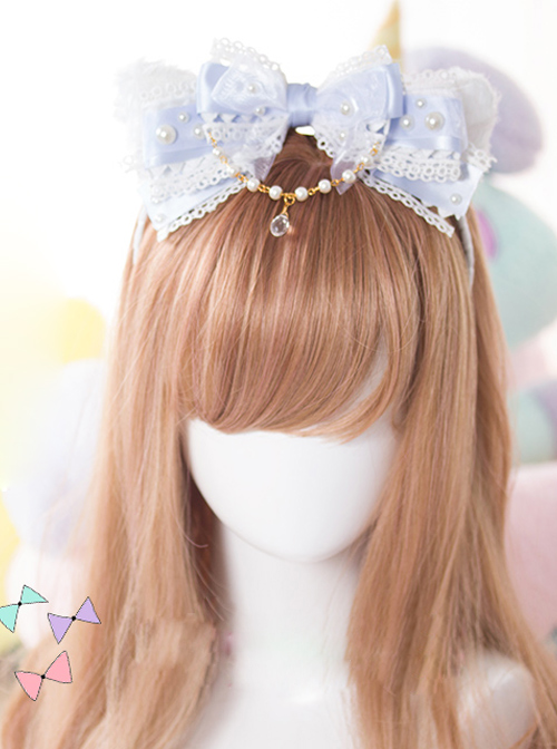 White Cat Ears Pearl Lace Bowknot Bead Chain Head Band Sweet Lolita