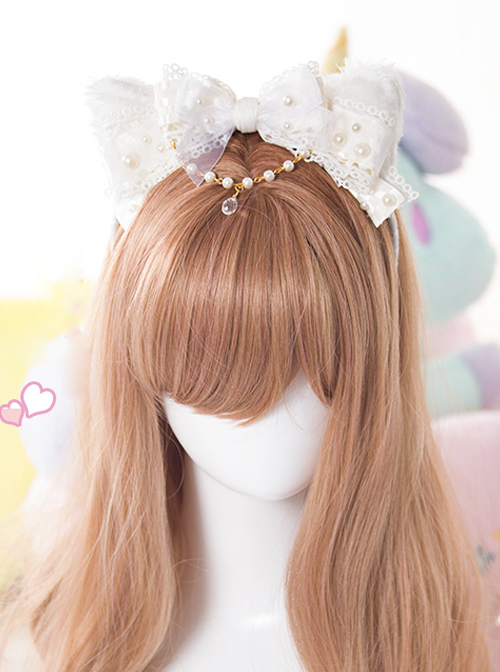 White Cat Ears Pearl Lace Bowknot Bead Chain Head Band Sweet Lolita