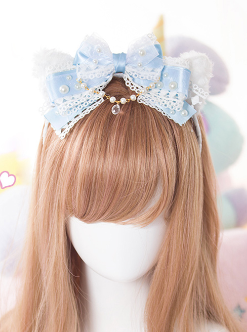 White Cat Ears Pearl Lace Bowknot Bead Chain Head Band Sweet Lolita