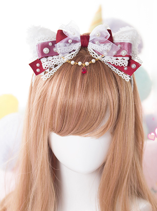 White Cat Ears Pearl Lace Bowknot Bead Chain Head Band Sweet Lolita