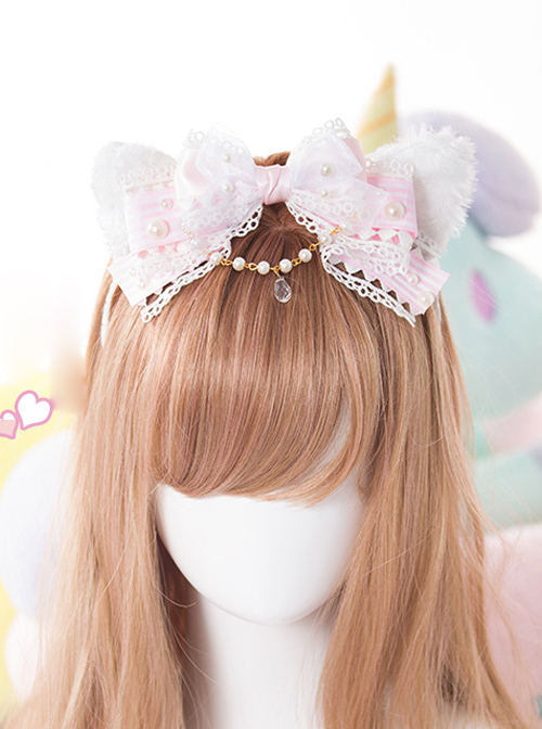 White Cat Ears Pearl Lace Bowknot Bead Chain Head Band Sweet Lolita