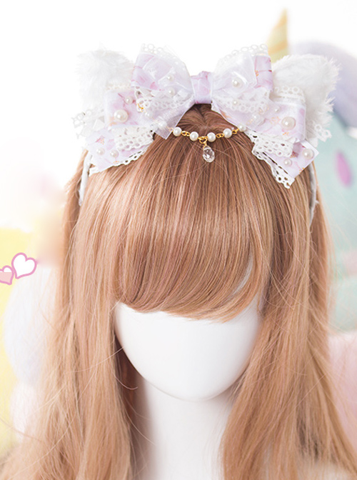 White Cat Ears Pearl Lace Bowknot Bead Chain Head Band Sweet Lolita