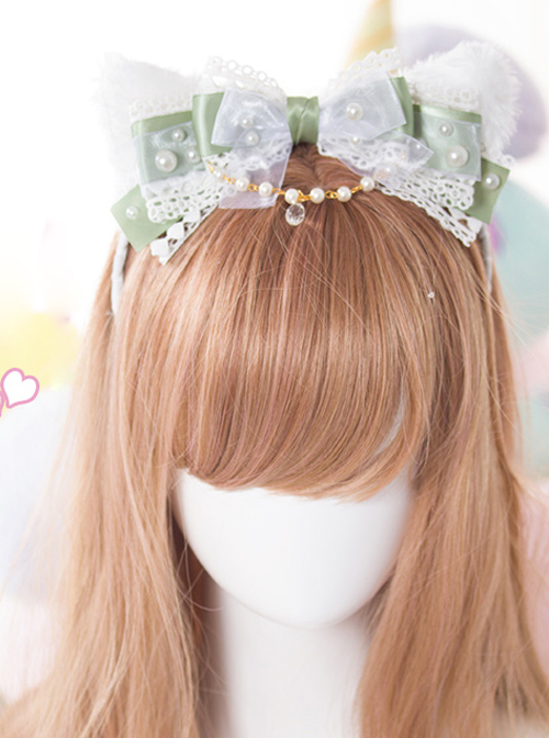 White Cat Ears Pearl Lace Bowknot Bead Chain Head Band Sweet Lolita