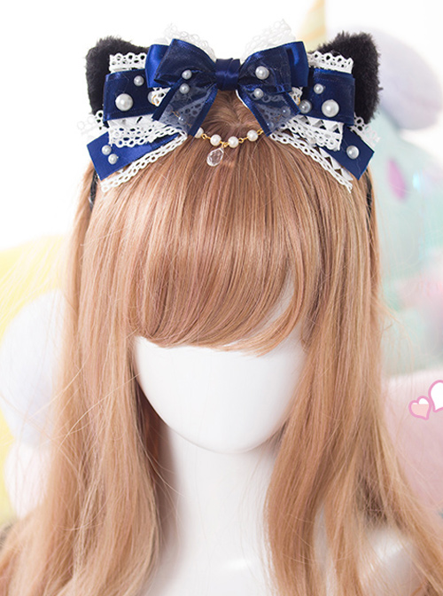 Black Cat Ears Pearl Lace Bowknot Bead Chain Sweet Lolita Head Band