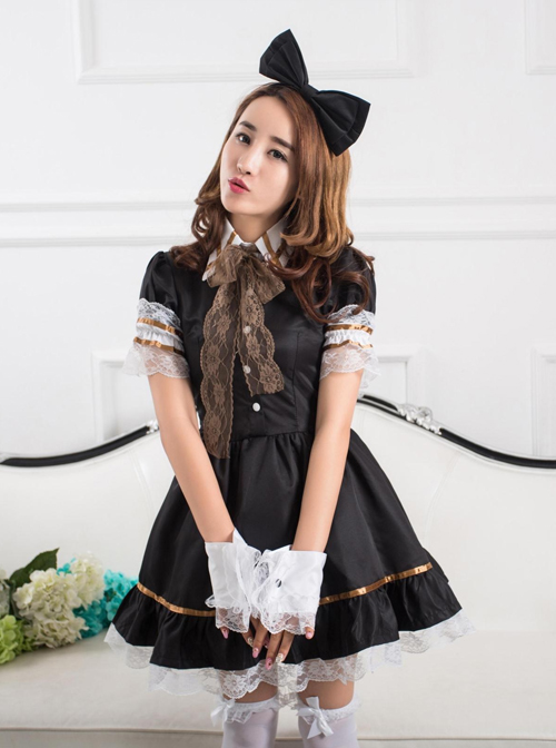 White Lace Black Short Sleeves Maid Lolita Dress Full Set