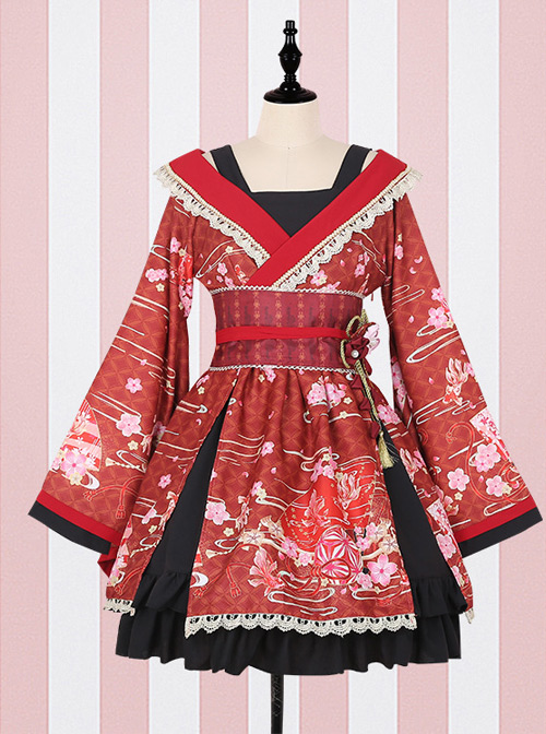 GokuRakuJoudo Dance Improved Kimono Cosplay Lolita Trumpet Sleeve Dress