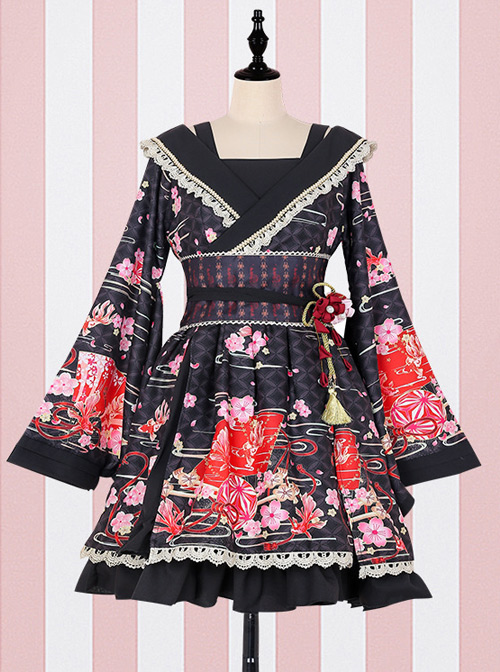 GokuRakuJoudo Dance Improved Kimono Cosplay Lolita Trumpet Sleeve Dress