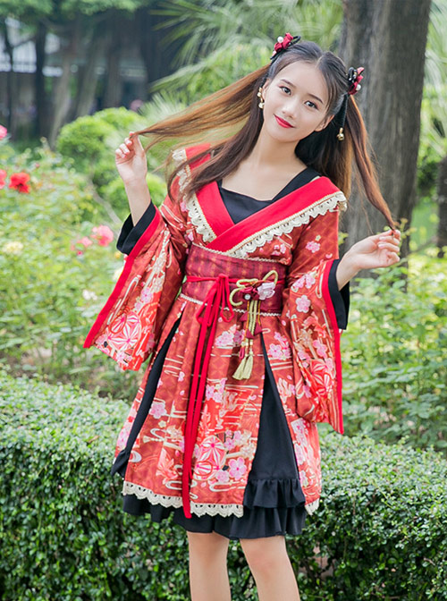 GokuRakuJoudo Dance Improved Kimono Cosplay Lolita Trumpet Sleeve Dress