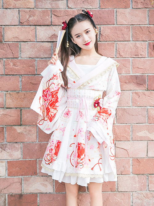 GokuRakuJoudo Dance Improved Kimono Cosplay Lolita Trumpet Sleeve Dress