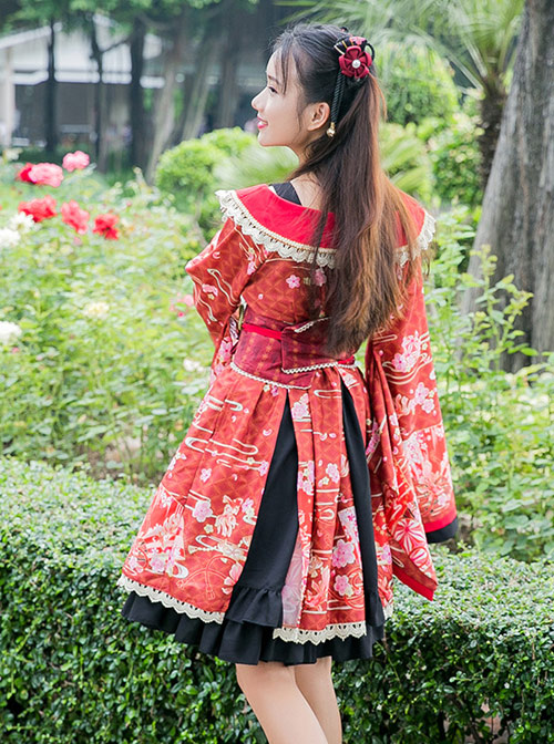 GokuRakuJoudo Dance Improved Kimono Cosplay Lolita Trumpet Sleeve Dress