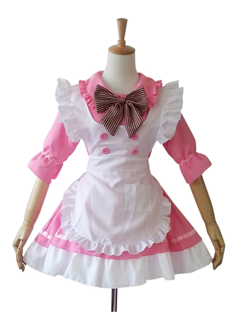 Cute Doll Collar Stripes Bowknot Maid Lolita Half Sleeve Dress Set