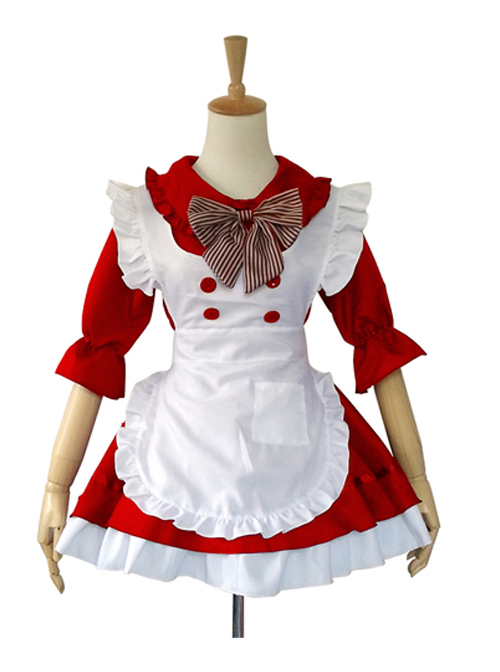 Cute Doll Collar Stripes Bowknot Maid Lolita Half Sleeve Dress Set