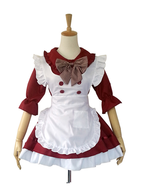 Cute Doll Collar Stripes Bowknot Maid Lolita Half Sleeve Dress Set