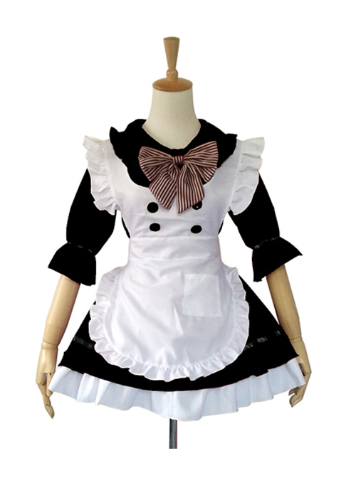 Cute Doll Collar Stripes Bowknot Maid Lolita Half Sleeve Dress Set