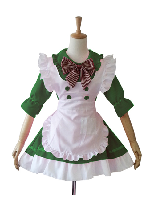 Cute Doll Collar Stripes Bowknot Maid Lolita Half Sleeve Dress Set