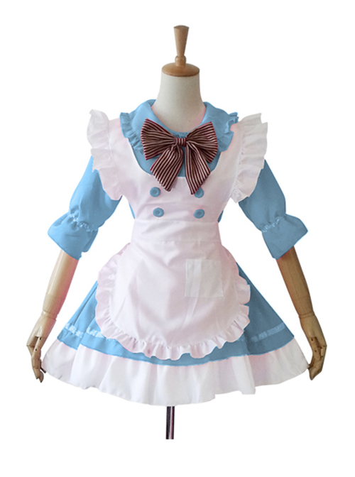 Cute Doll Collar Stripes Bowknot Maid Lolita Half Sleeve Dress Set