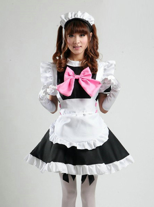 Cute Pink Bowknot Black White Maid Lolita Short Sleeve Dress Five Piece Set