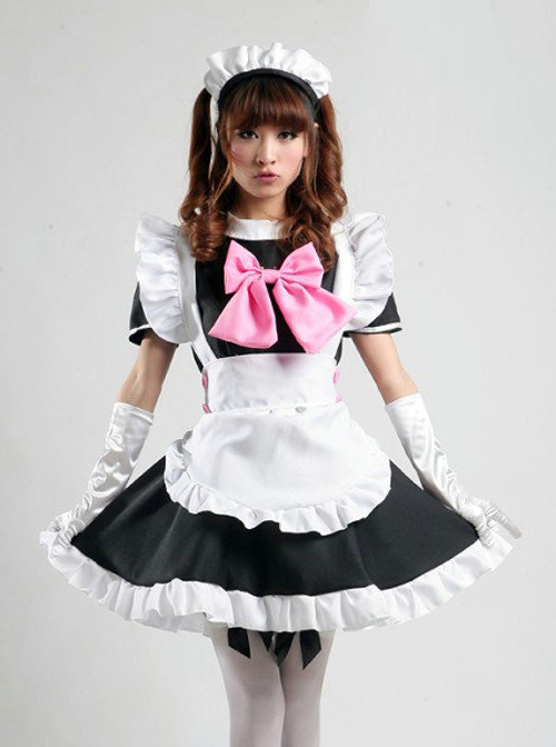 Cute Pink Bowknot Black White Maid Lolita Short Sleeve Dress Five Piece Set