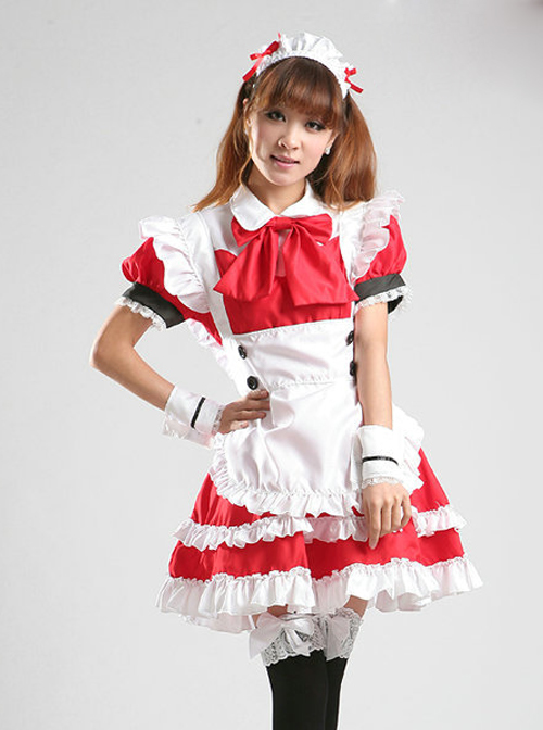 Cute Red White Maid Lolita Short Sleeve Dress Five Piece Set