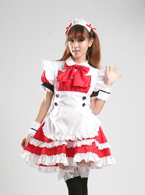 Cute Red White Maid Lolita Short Sleeve Dress Five Piece Set