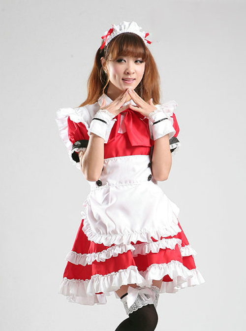 Cute Red White Maid Lolita Short Sleeve Dress Five Piece Set