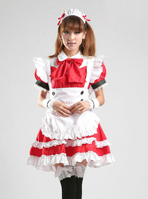 Cute Red White Maid Lolita Short Sleeve Dress Five Piece Set
