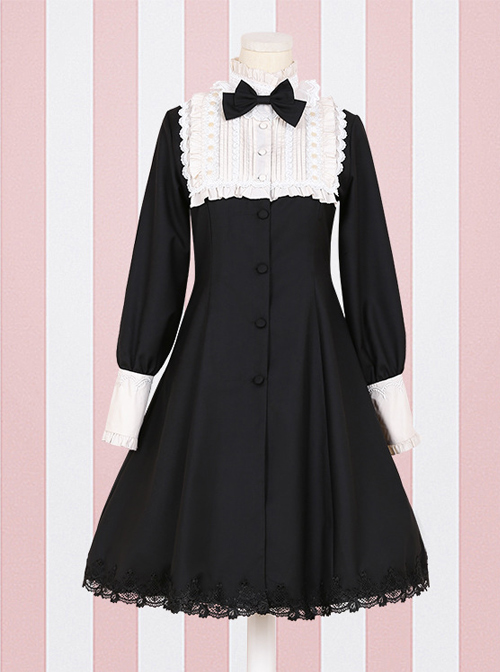 Retro High Waist Little standing collar Classic Lolita Long Sleeve Dress