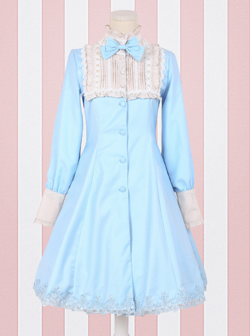 Retro High Waist Little standing collar Classic Lolita Long Sleeve Dress